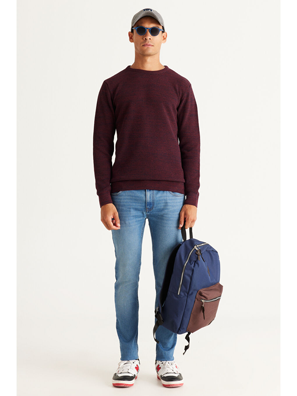 Erkek Bordo-Lacivert Recycle Standart Fit Normal Kesim Bisiklet Yaka Pirinç Örgü Desenli Triko-1