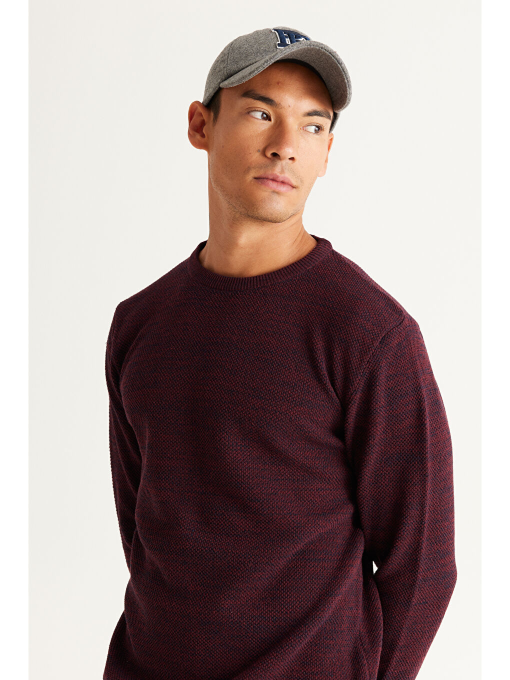 Erkek Bordo-Lacivert Recycle Standart Fit Normal Kesim Bisiklet Yaka Pirinç Örgü Desenli Triko-2