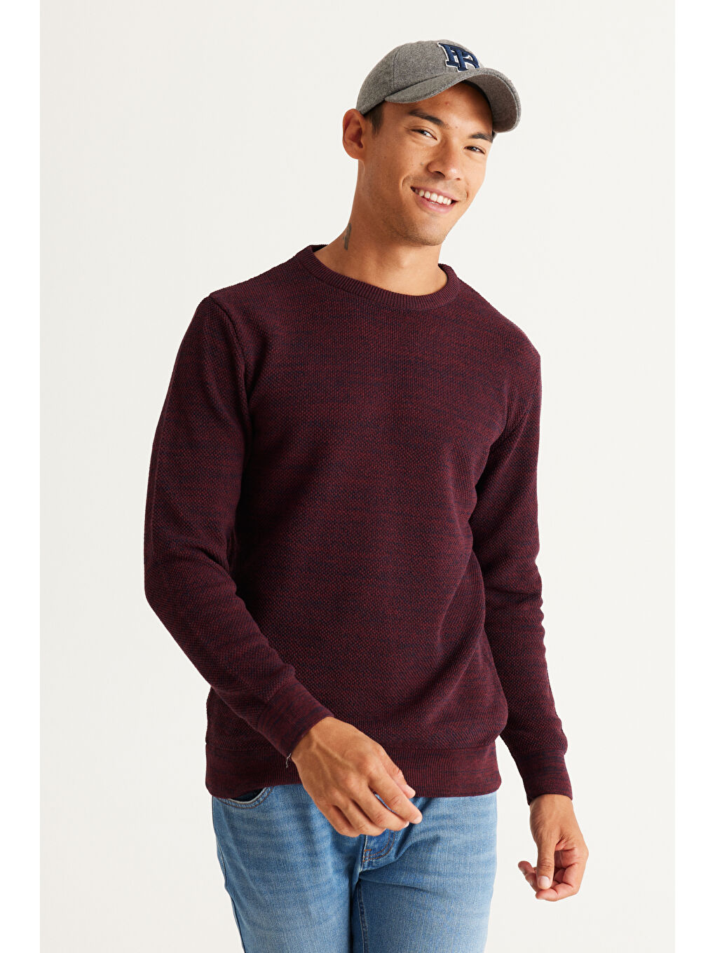 Erkek Bordo-Lacivert Recycle Standart Fit Normal Kesim Bisiklet Yaka Pirinç Örgü Desenli Triko-3