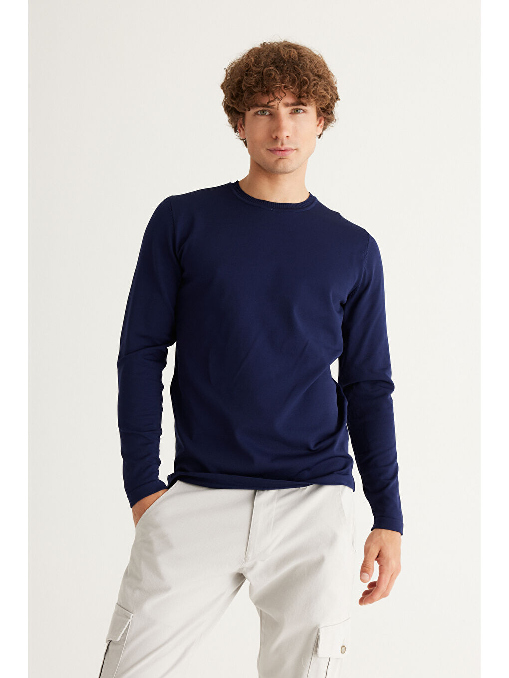 Erkek Lacivert Standart Fit Normal Kesim Bisiklet Yaka Triko Kazak