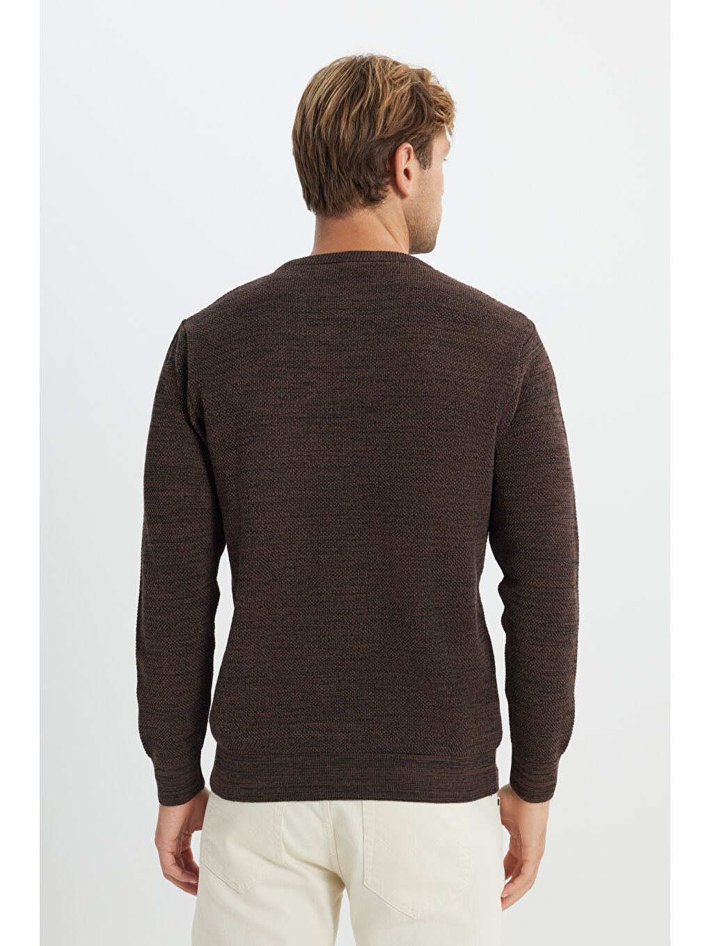 Kahverengi Erkek Kahve-Siyah Recycle Standart Fit Normal Kesim Bisiklet Yaka Pirinç Örgü Desenli Triko-5