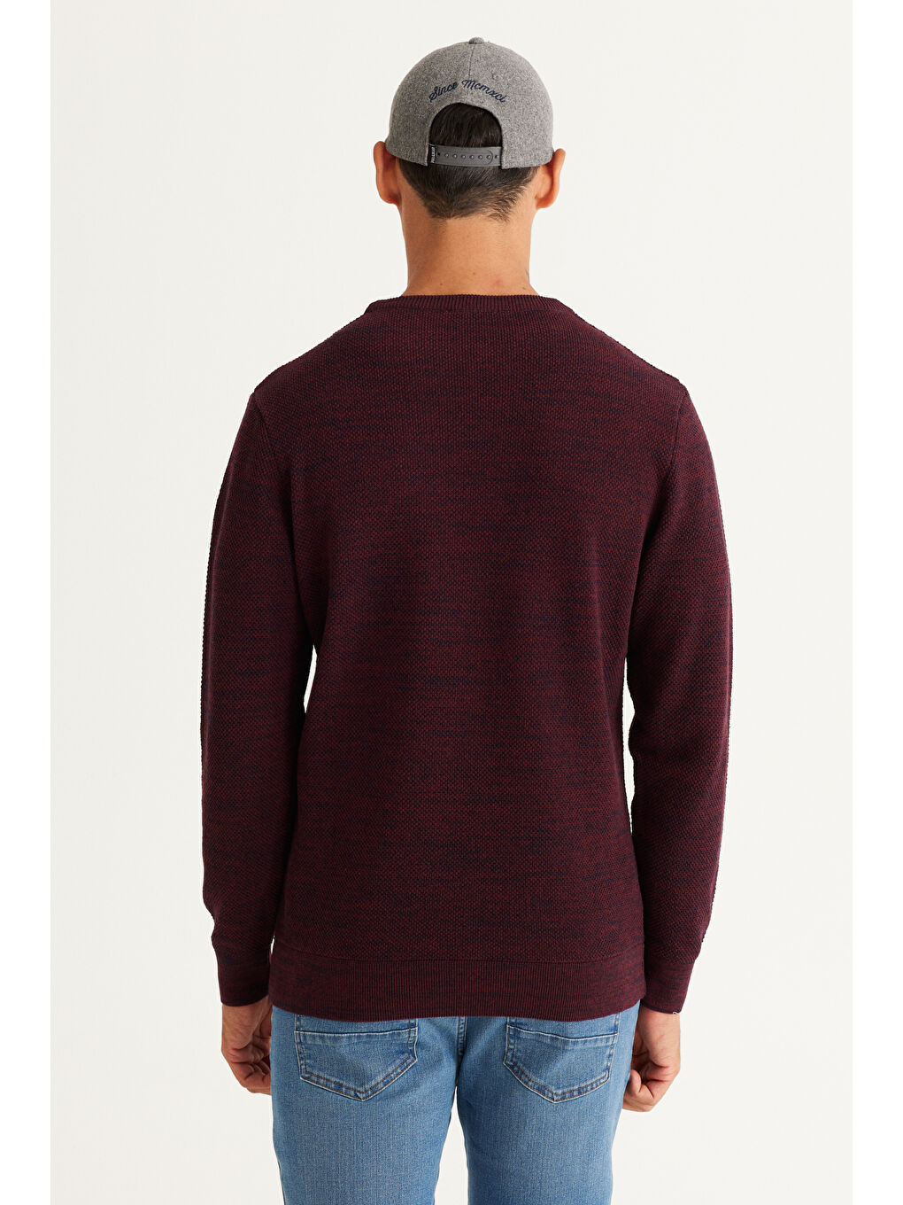 Erkek Bordo-Lacivert Recycle Standart Fit Normal Kesim Bisiklet Yaka Pirinç Örgü Desenli Triko-4