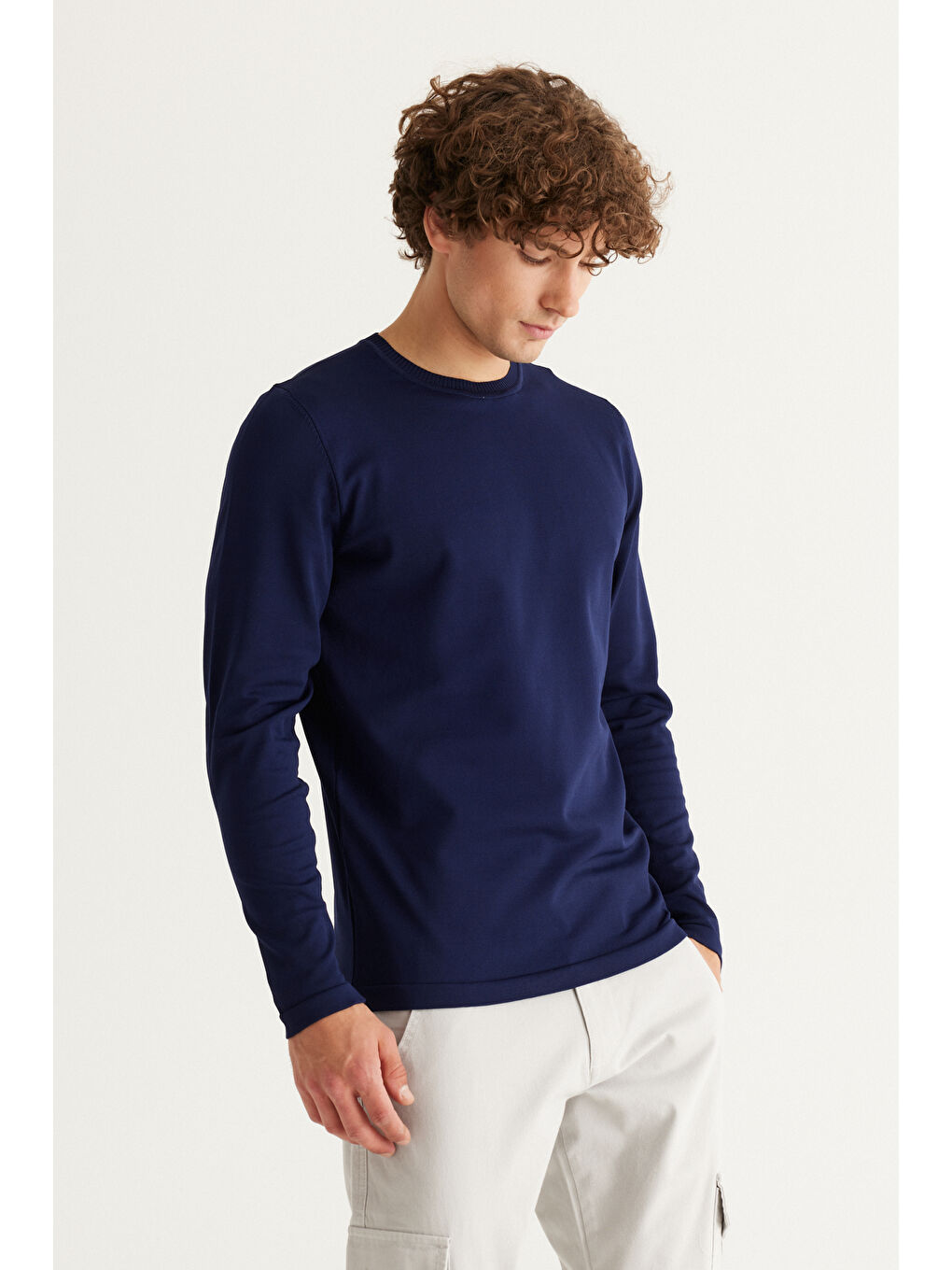 Erkek Lacivert Standart Fit Normal Kesim Bisiklet Yaka Triko Kazak-3