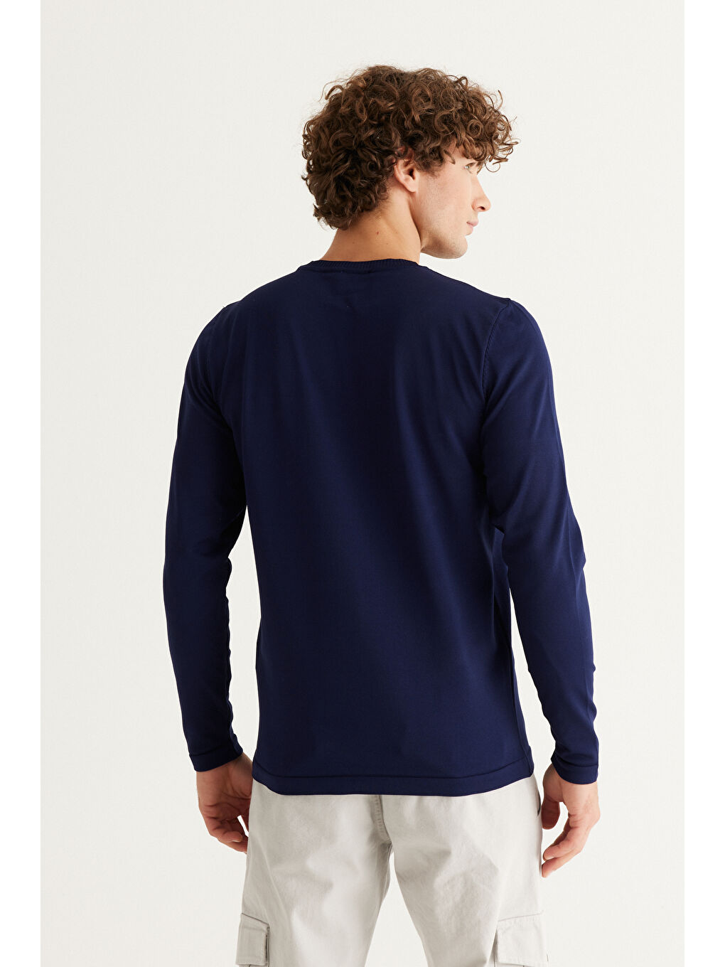 Erkek Lacivert Standart Fit Normal Kesim Bisiklet Yaka Triko Kazak-5