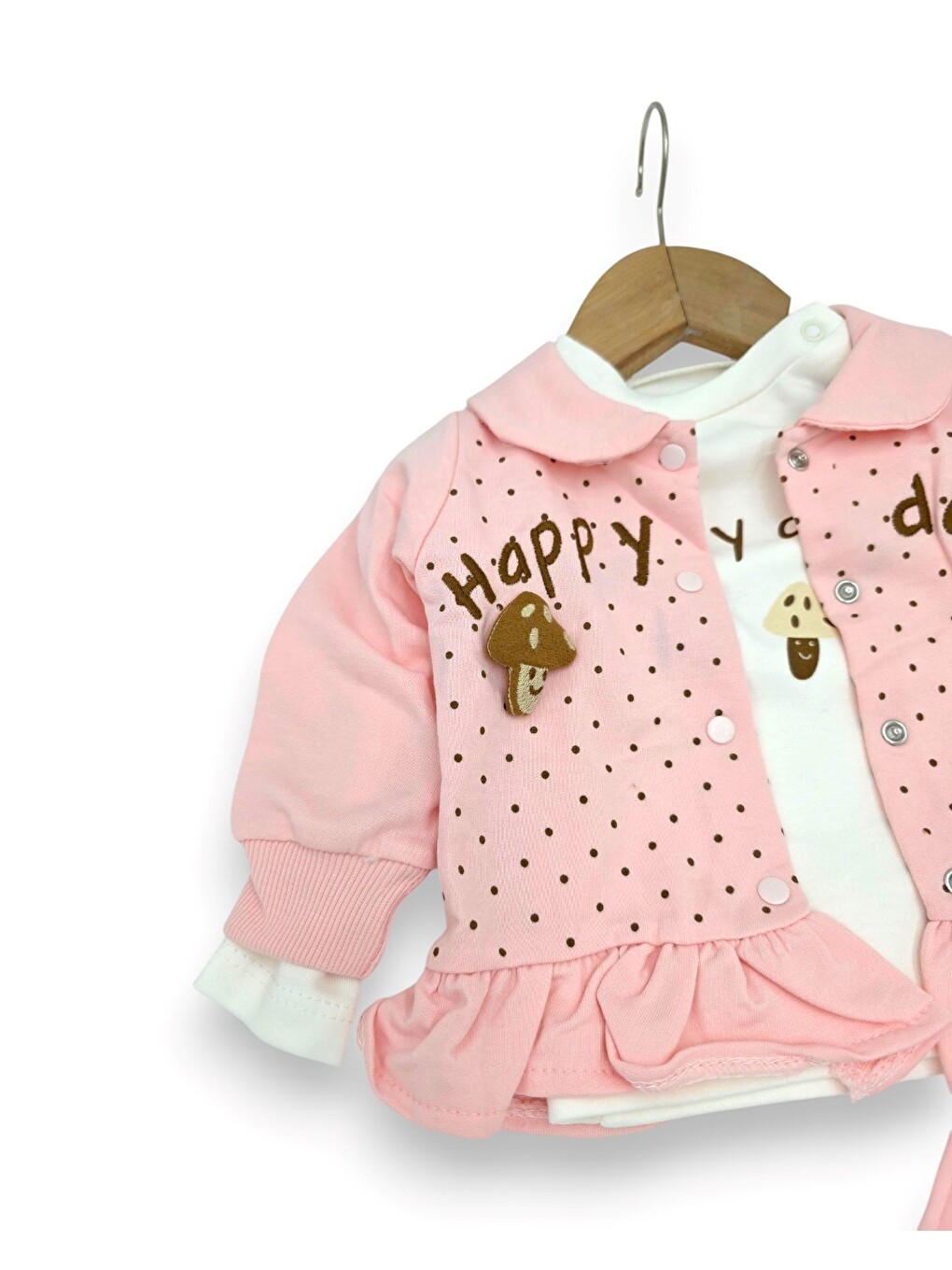 Pembe Kız Bebek Mantar Detaylı 3'lü Hırkalı Takım-1