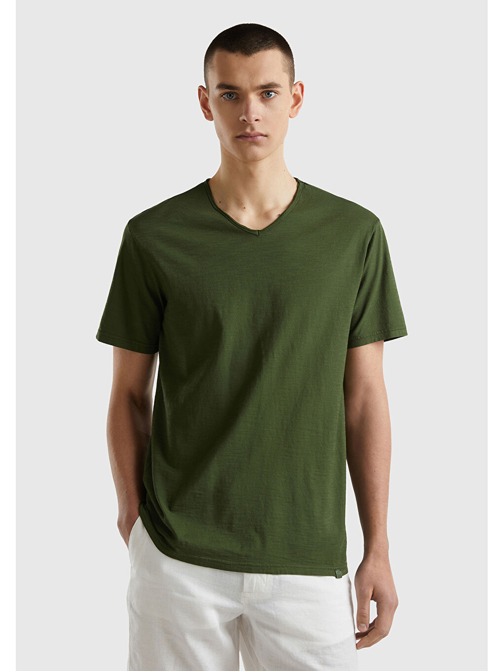 United Colors Of Benetton Erkek Koyu Yeşil V Yaka Slub T-shirt