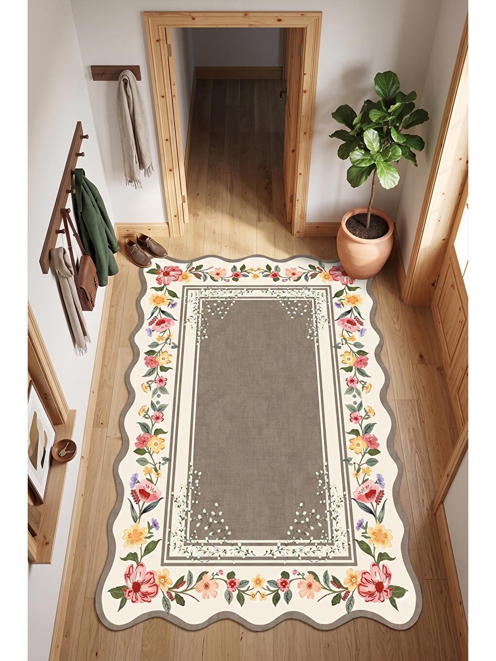 Kahverengi Modern Dekoratif Halı – Makinada Yıkanabilir, Kaymaz Taban, İnce Lazer Kesim Halı-2