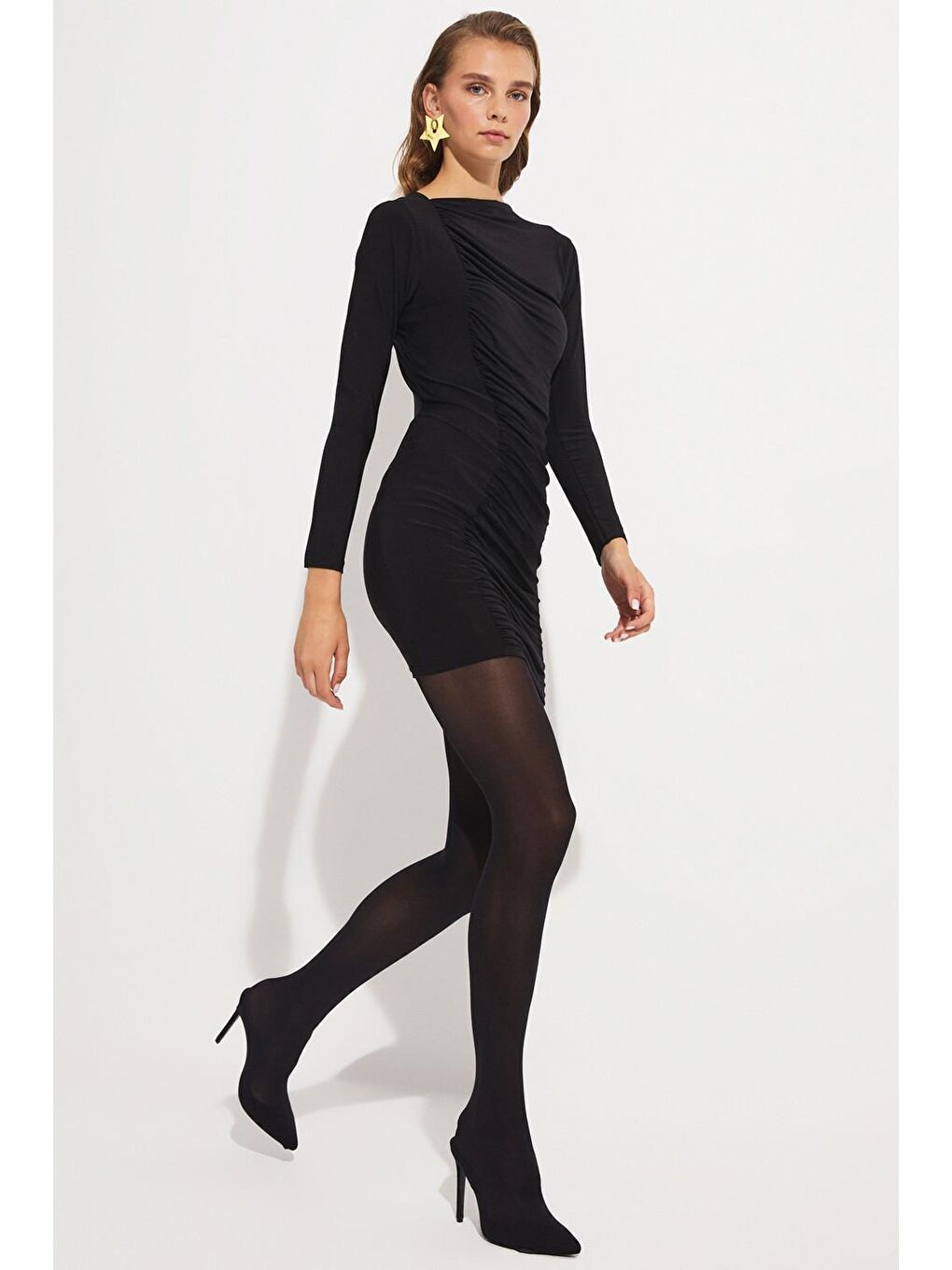 Siyah Kadın Vücuda Oturan Drape Detaylı Mini Dokuma Elbise-3