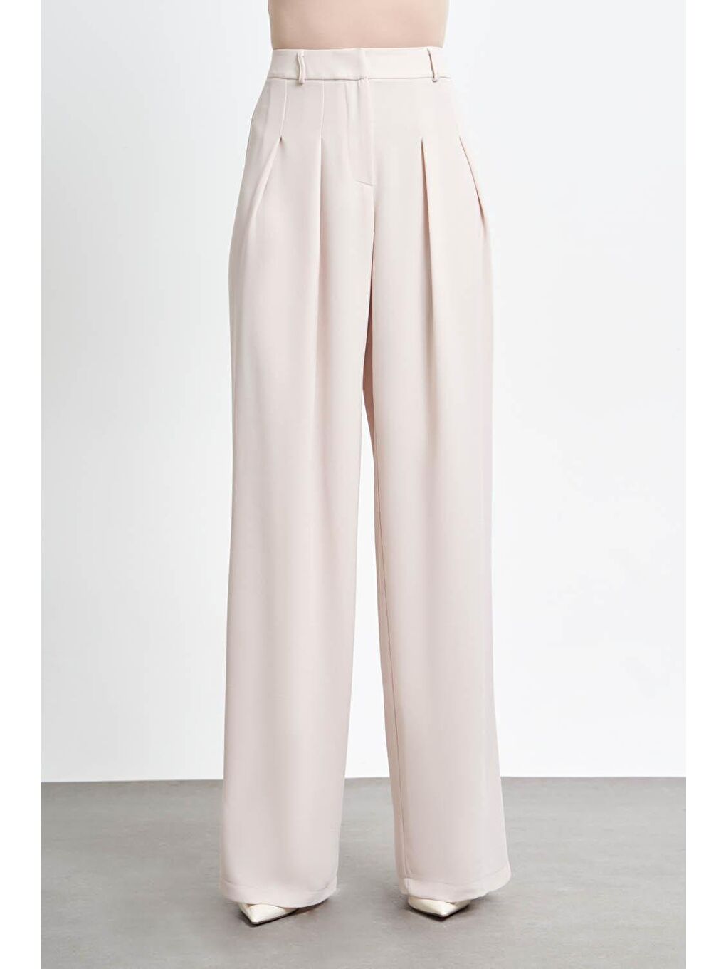 Bej Pileli Krep Taş Pantolon-1