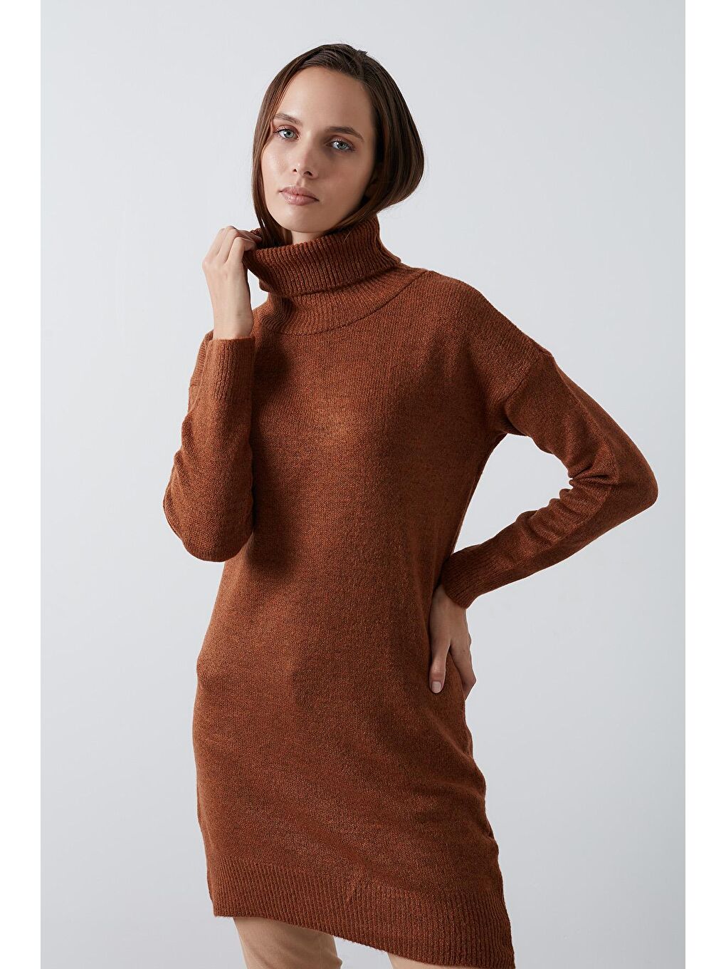 Kahverengi Balıkçı Yaka Uzun Kollu Triko Tunik 4614585