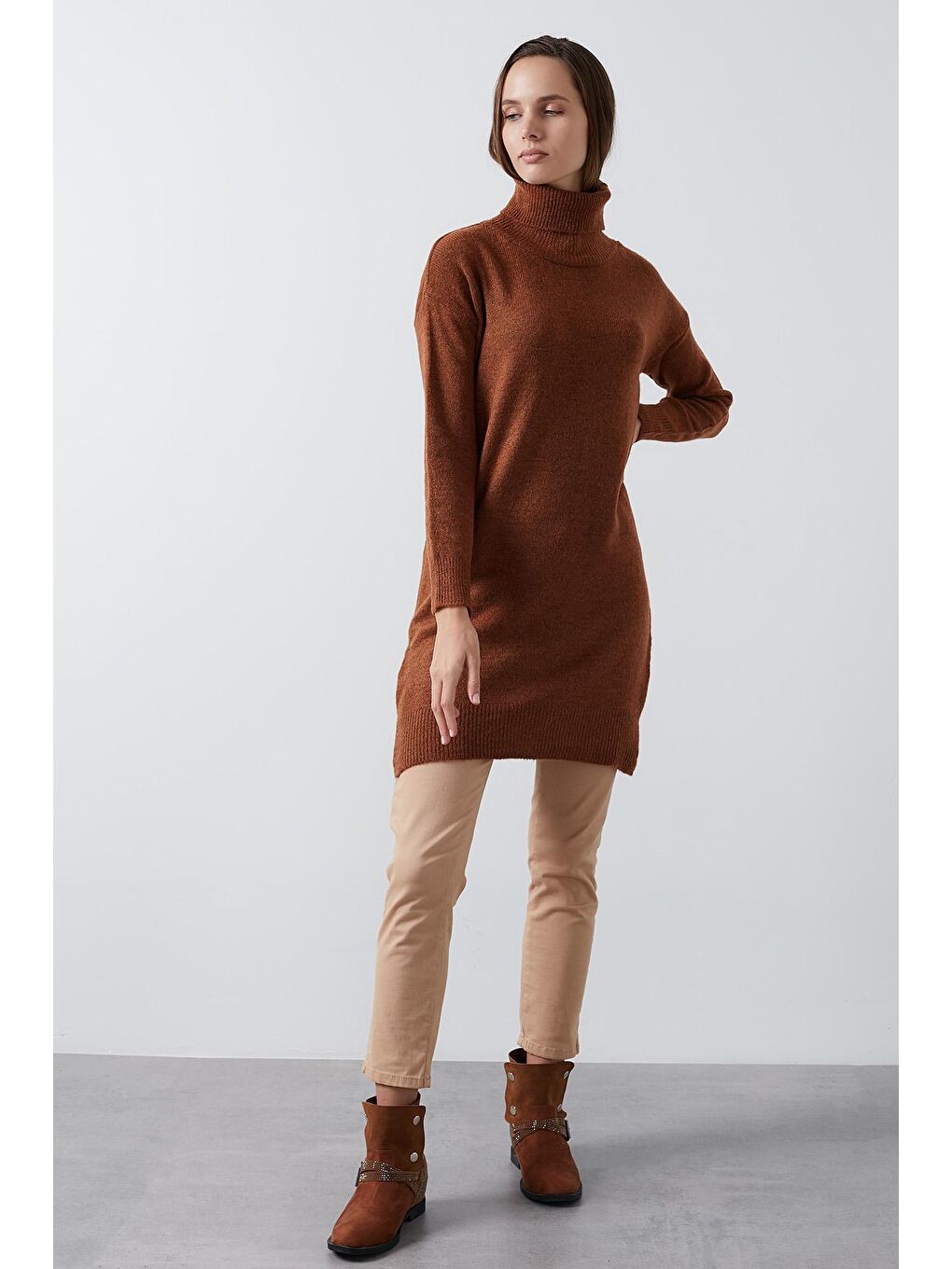 Kahverengi Balıkçı Yaka Uzun Kollu Triko Tunik 4614585-2