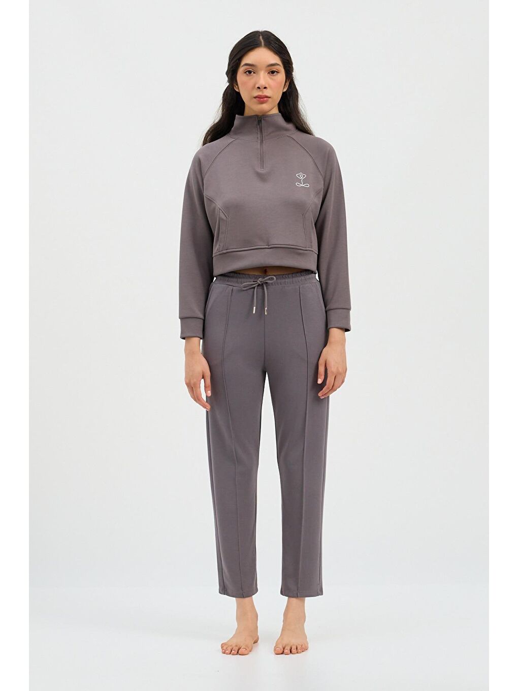 Kadın Basıc Fluffy Modal Crop Top Koyu Gri