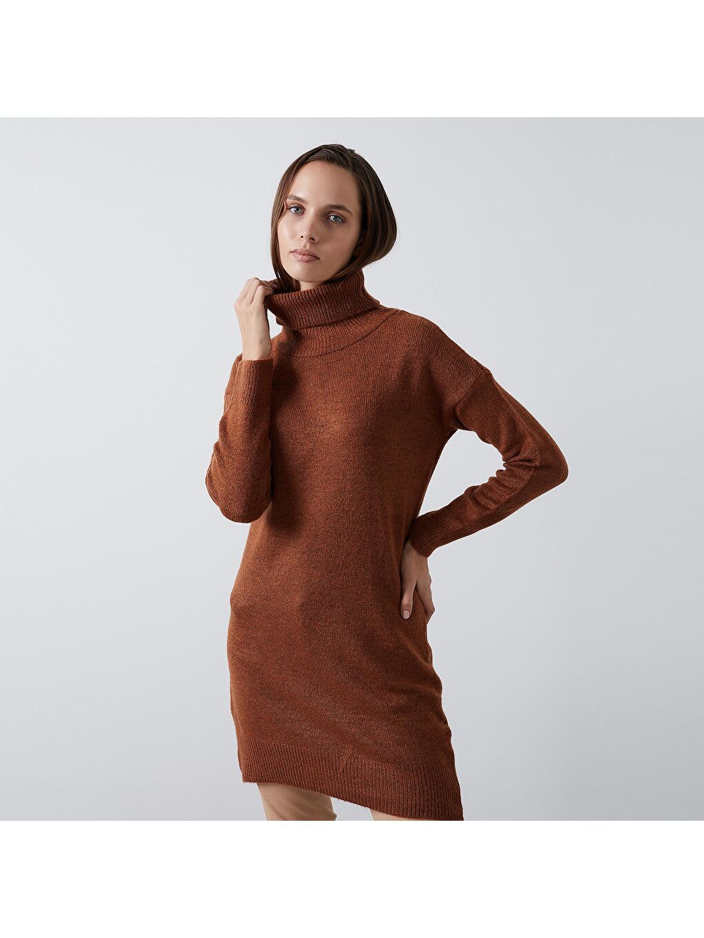 Kahverengi Balıkçı Yaka Uzun Kollu Triko Tunik 4614585-4