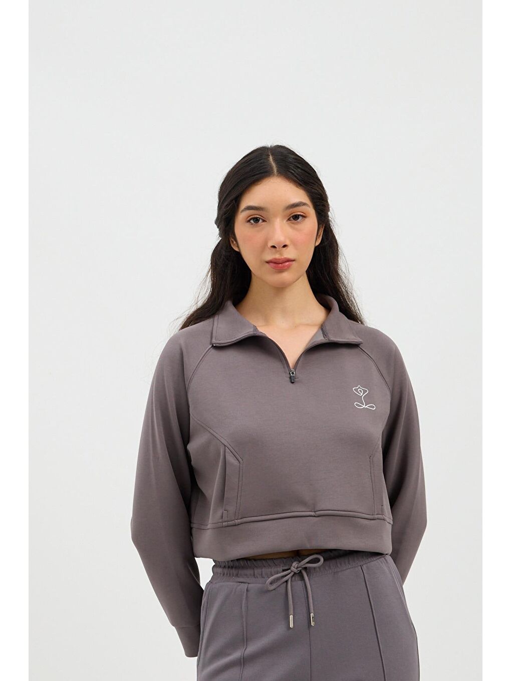 Kadın Basıc Fluffy Modal Crop Top Koyu Gri-1