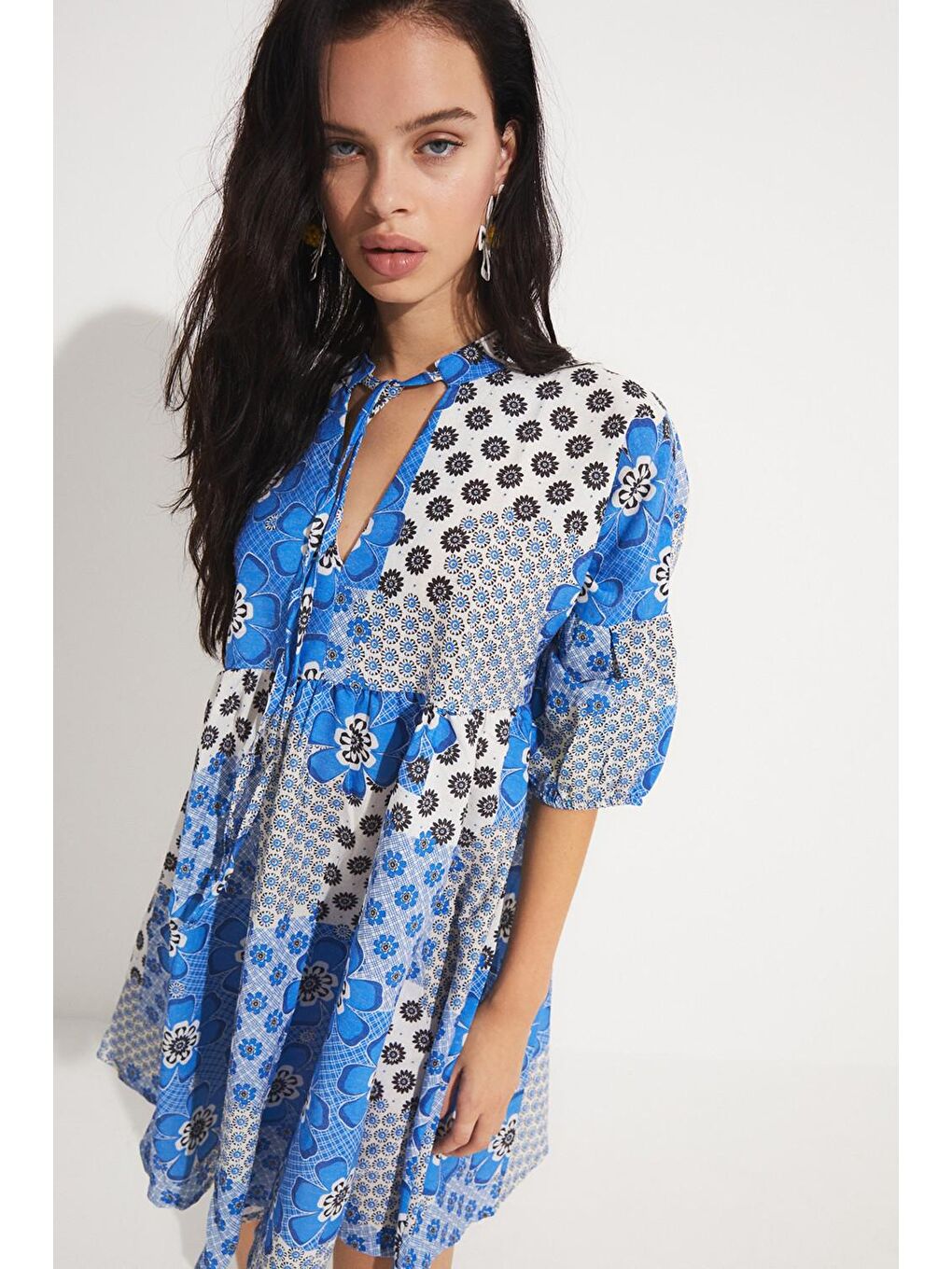 Mavi Desenli V Yaka  Keten Elbise-2