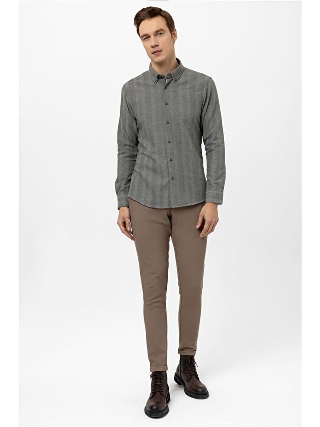 Haki Slim Düz Düğmeli Yaka Gömlek