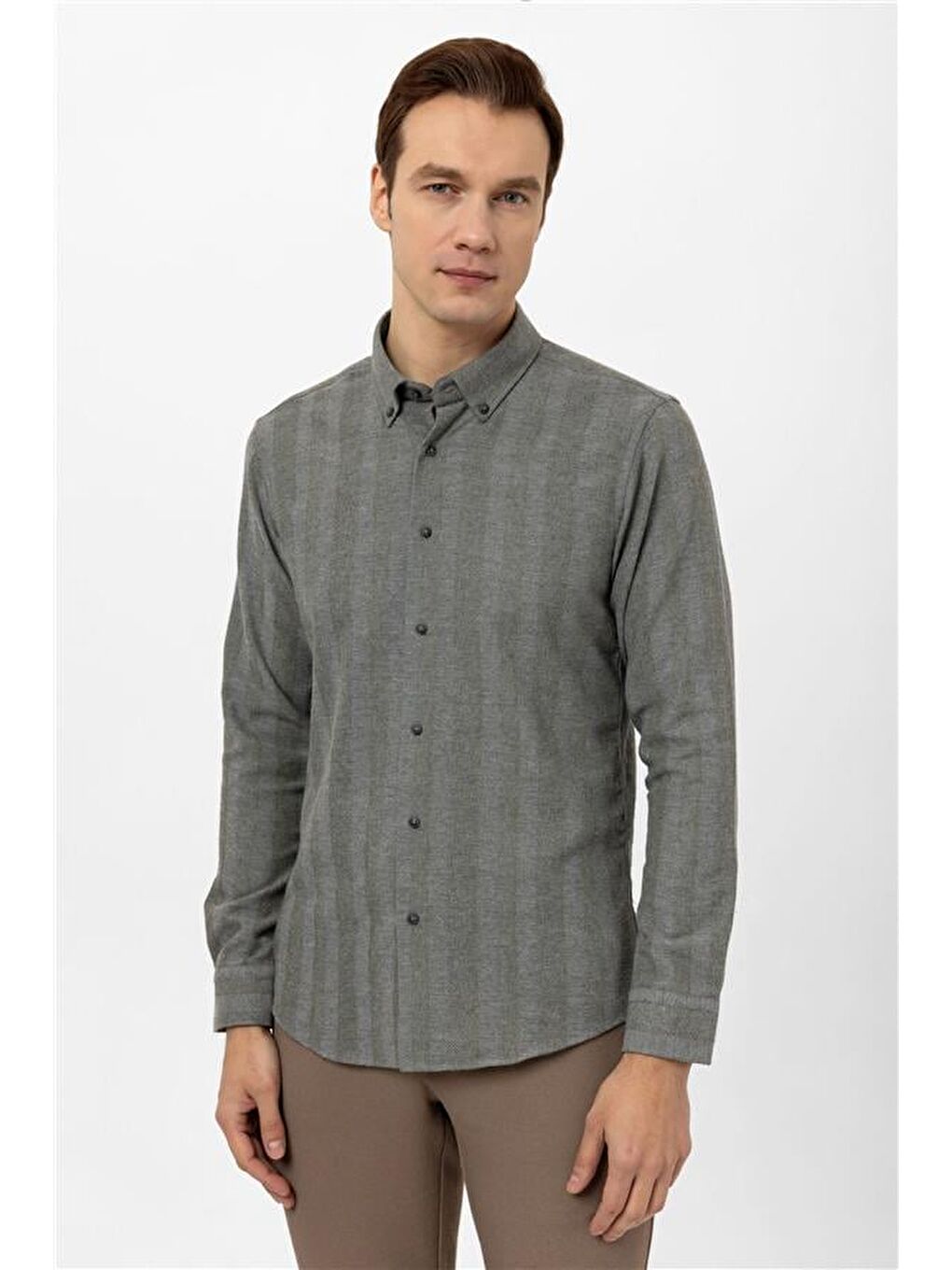 Haki Slim Düz Düğmeli Yaka Gömlek-1