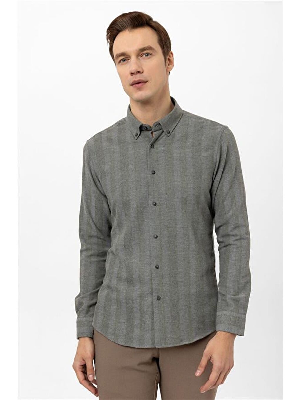 Haki Slim Düz Düğmeli Yaka Gömlek-2
