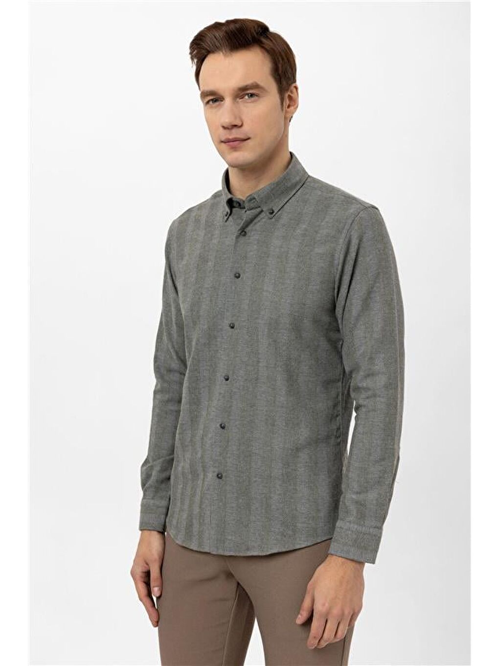 Haki Slim Düz Düğmeli Yaka Gömlek-3