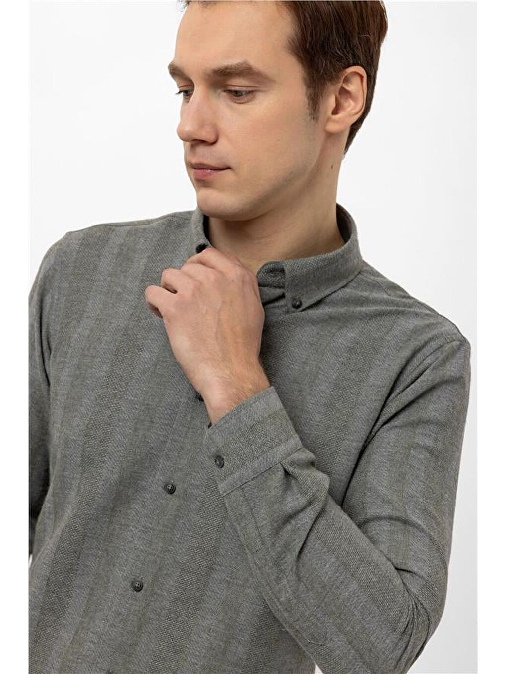 Haki Slim Düz Düğmeli Yaka Gömlek-4