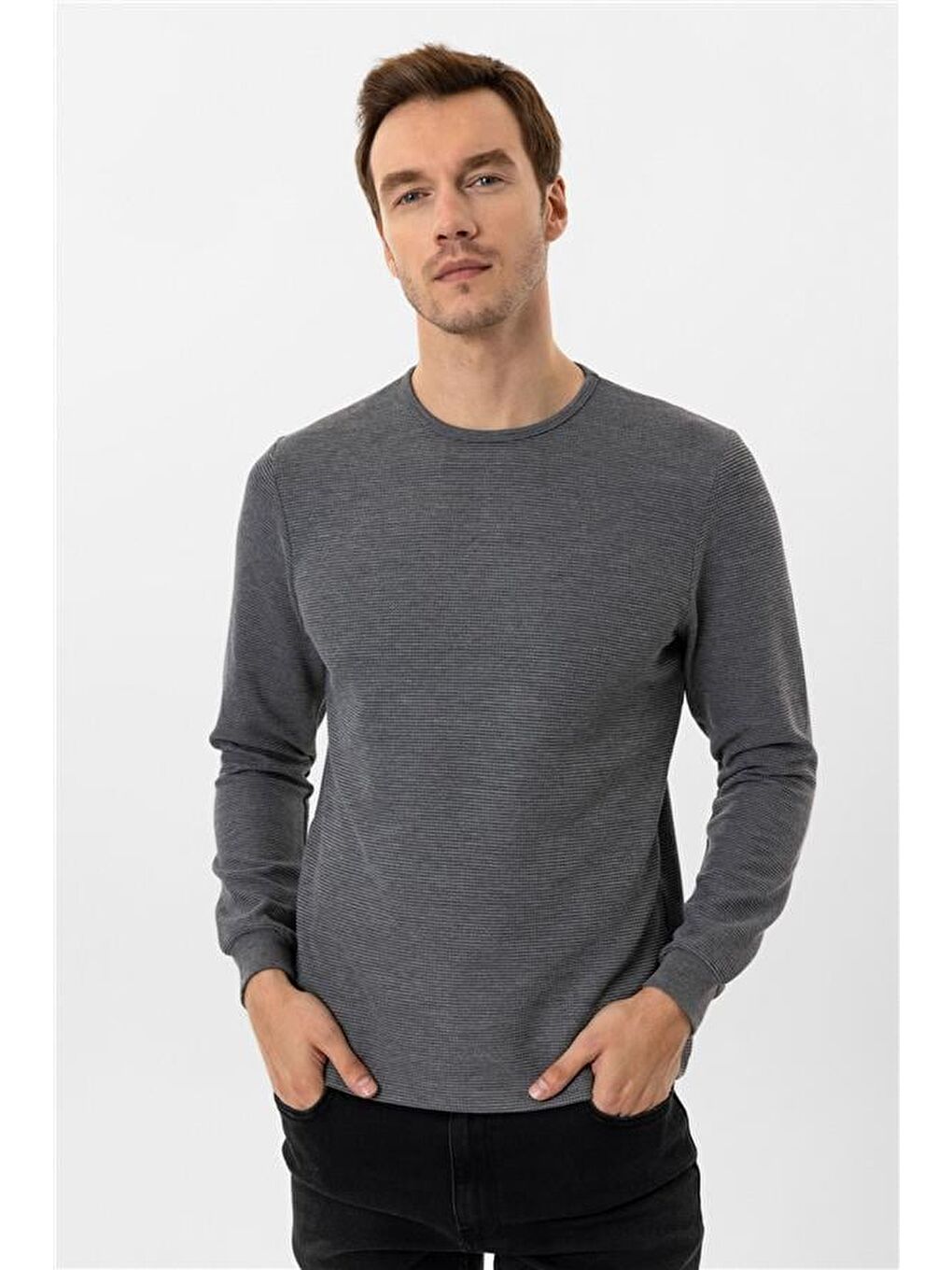 Gri Slim Armürlü Bisiklet Yaka Sweatshirt