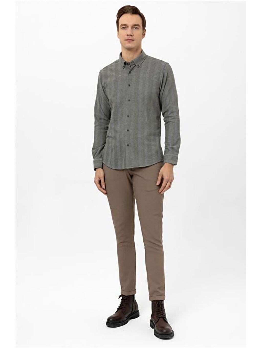 Haki Slim Düz Düğmeli Yaka Gömlek-6