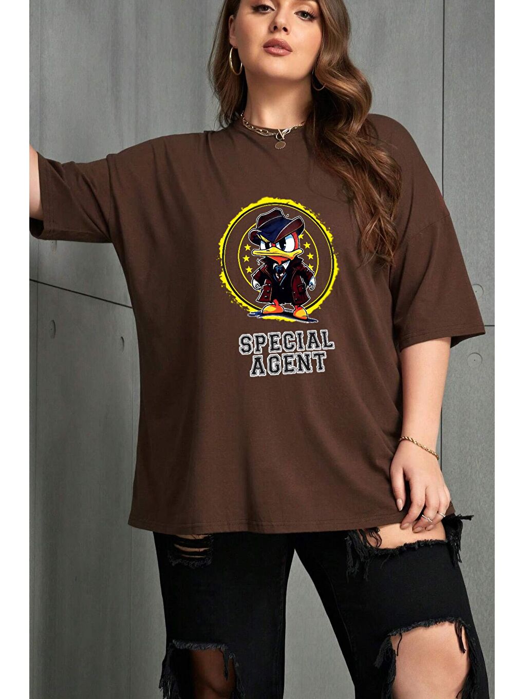 uyguntarz Kahverengi Unisex Special Agent Baskılı Oversize Tshirt