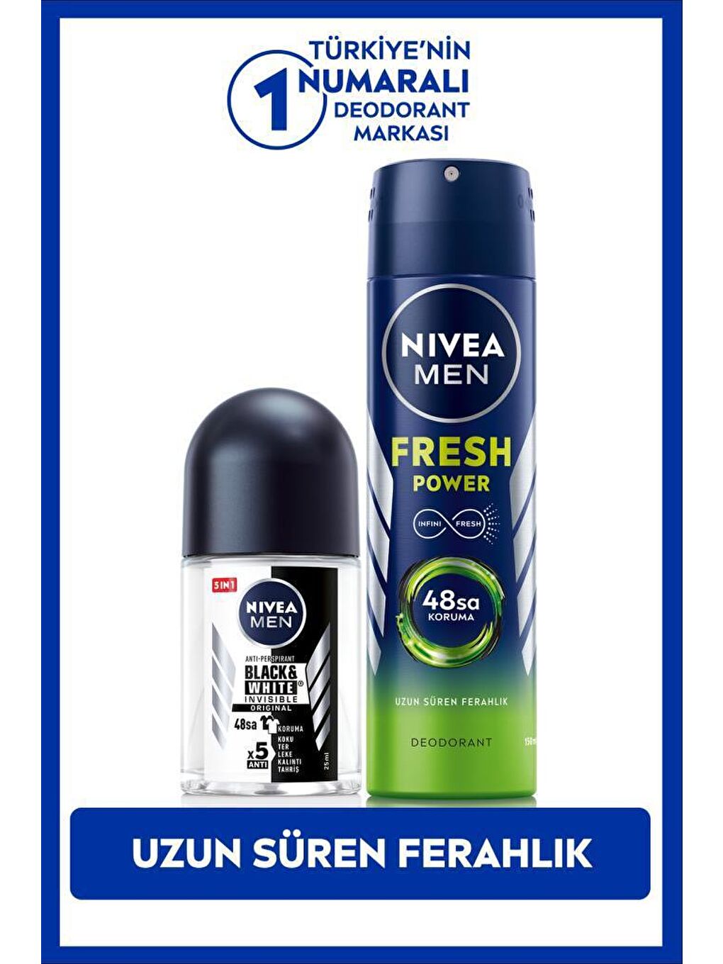 NIVEA Şeffaf MEN Erkek Sprey Deodorant Fresh Power 150ml ve Mini Roll-on Black&White Original 25ml, Ter Karşıtı