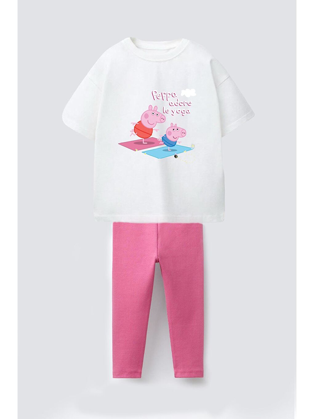 Ekru Kız Çocuk Pamuklu Baskılı T-Shirt Ve Fitilli Tayt 2'Li Takım