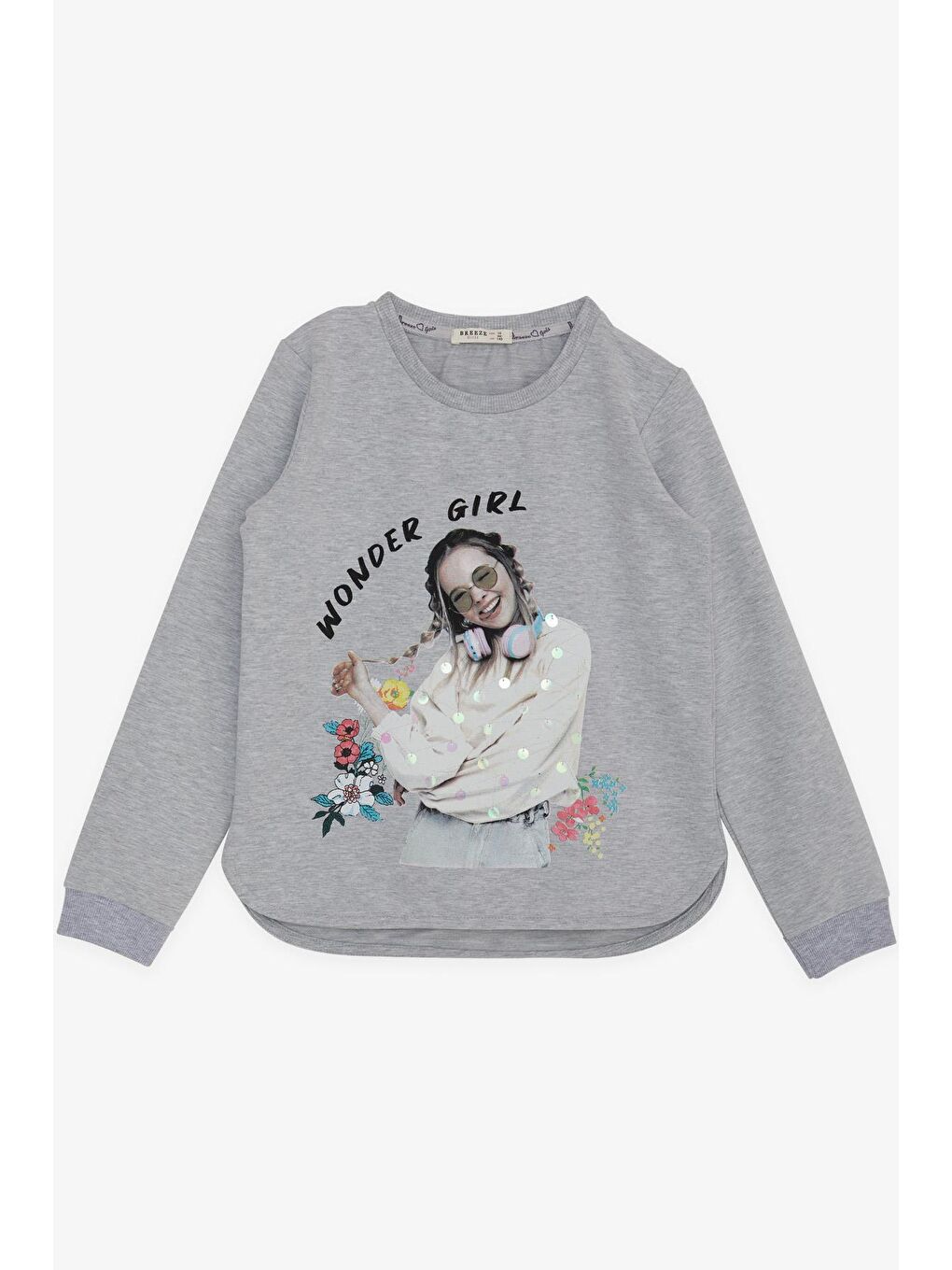 Kız Çocuk Sweatshirt Harika Kız Yazı Baskılı Çiçekli Gri Melanj (9-14 Yaş)