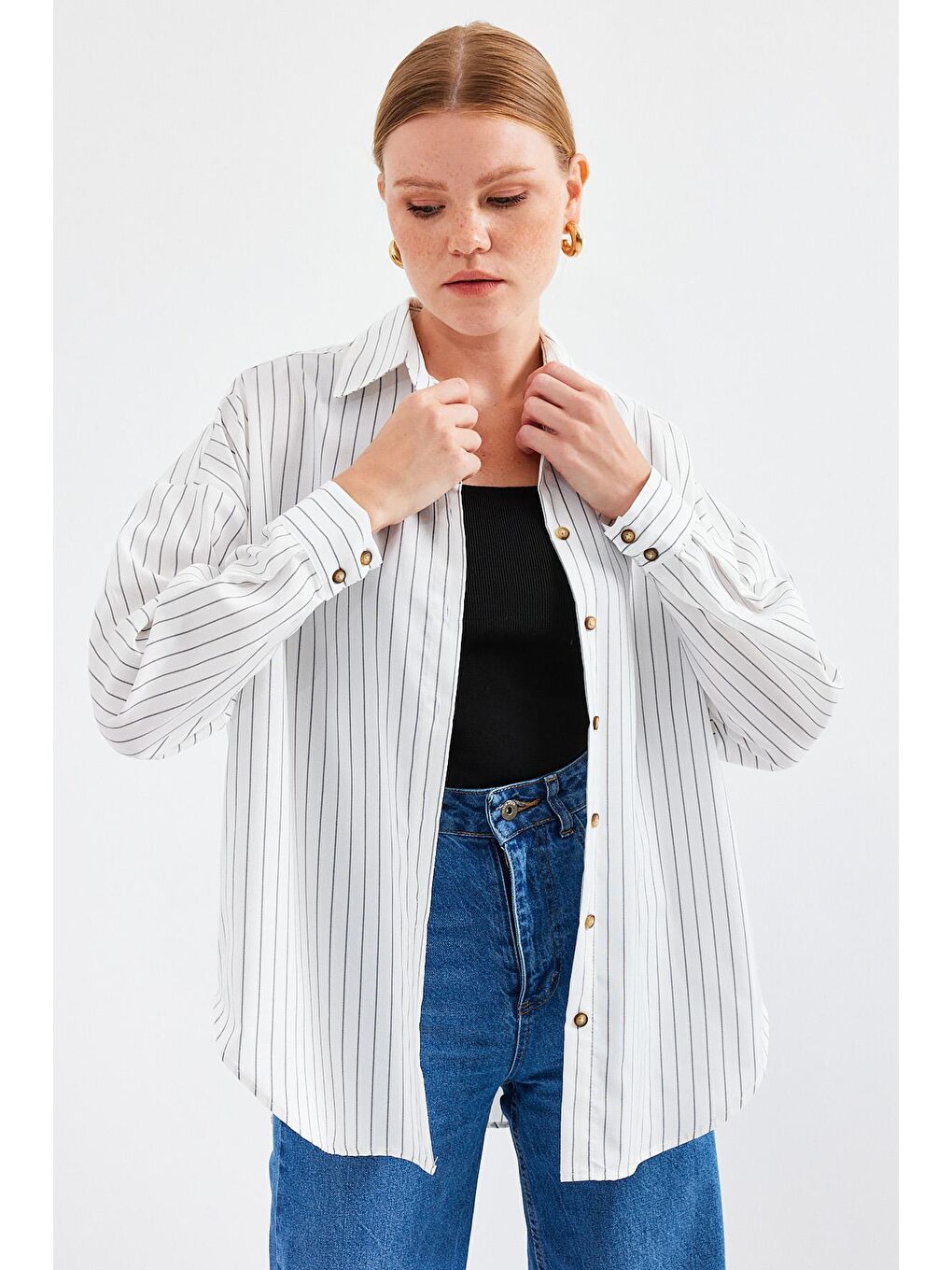 20208 Çizgili Oversize Uzun Basic Gömlek - Beyaz-1