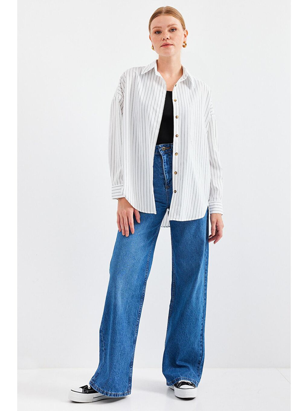 20208 Çizgili Oversize Uzun Basic Gömlek - Beyaz-2