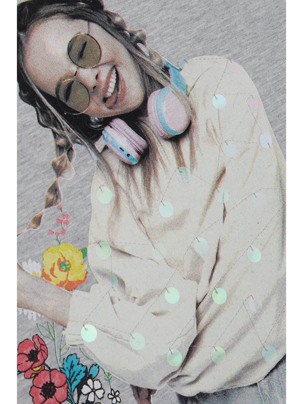 Kız Çocuk Sweatshirt Harika Kız Yazı Baskılı Çiçekli Gri Melanj (9-14 Yaş)-3