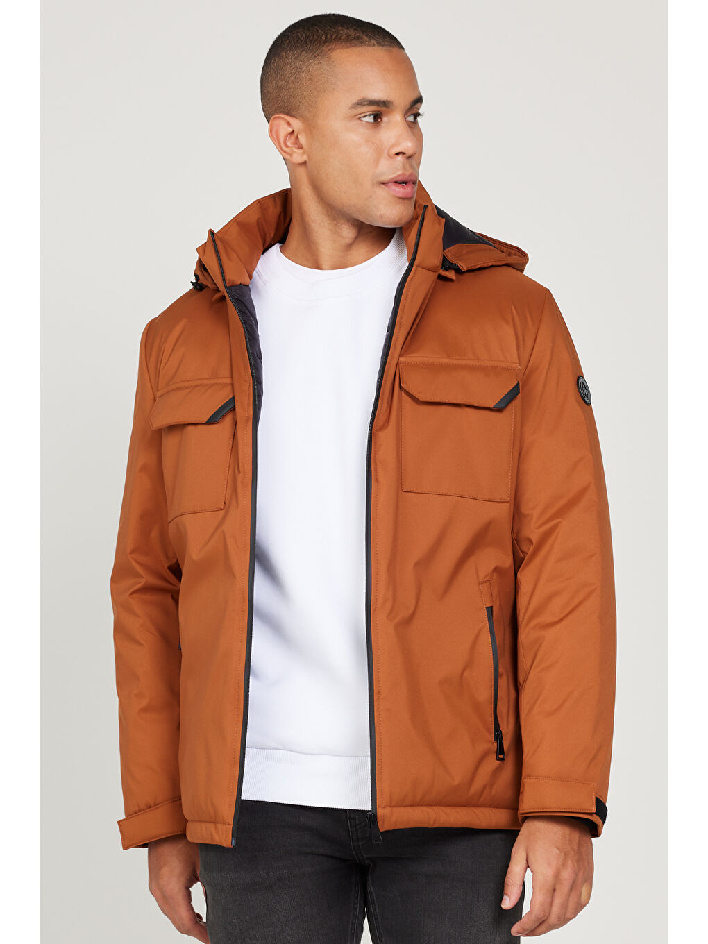 Kahverengi Erkek Kiremit Standart Fit Normal Kesim Çıkma Kapüşonlu Kaban