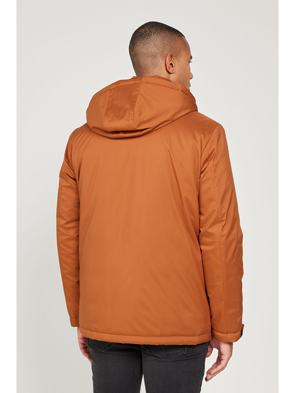 Kahverengi Erkek Kiremit Standart Fit Normal Kesim Çıkma Kapüşonlu Kaban-1