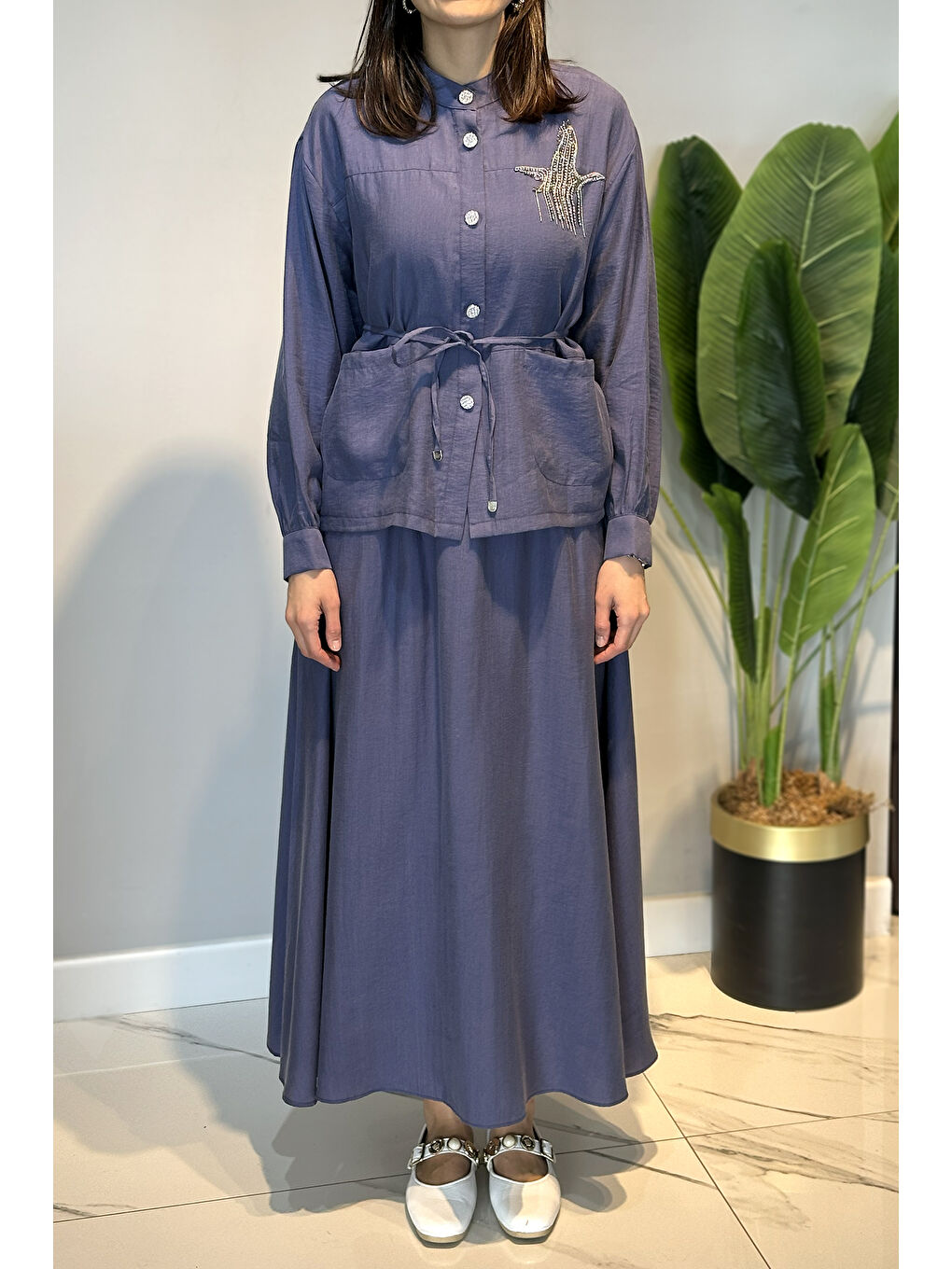 Taş İşlemeli Gömlek Çan Etek Takım 4443 İndigo