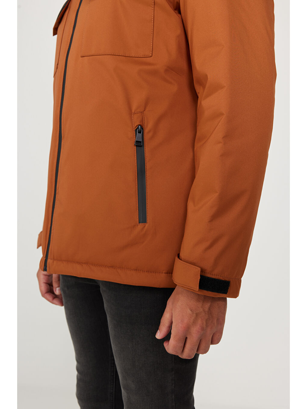 Kahverengi Erkek Kiremit Standart Fit Normal Kesim Çıkma Kapüşonlu Kaban-2