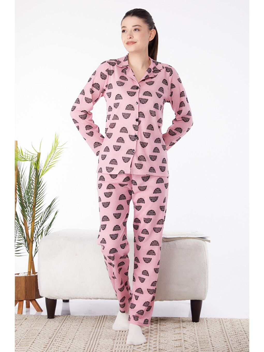 Gömlek Yaka Kadın Pembe Uzun Kollu Pijama Takımı - 25371