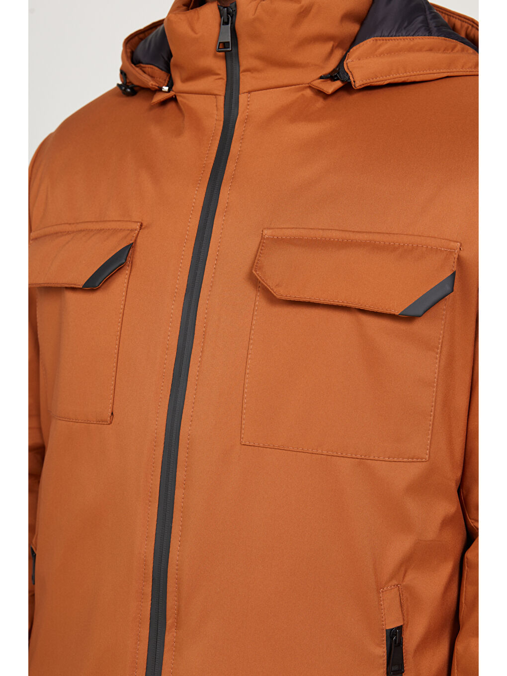 Kahverengi Erkek Kiremit Standart Fit Normal Kesim Çıkma Kapüşonlu Kaban-3