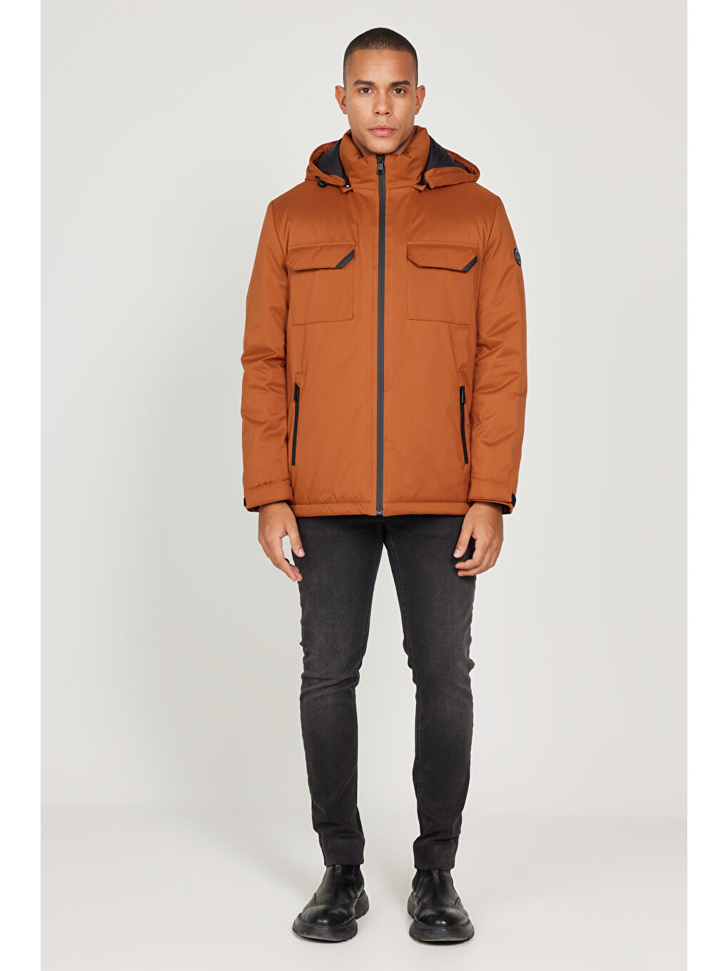 Kahverengi Erkek Kiremit Standart Fit Normal Kesim Çıkma Kapüşonlu Kaban-5