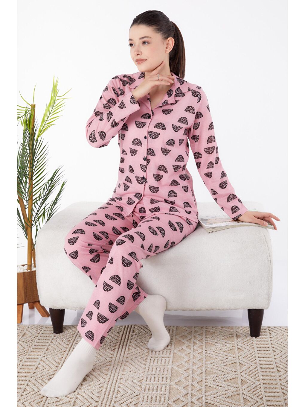 Gömlek Yaka Kadın Pembe Uzun Kollu Pijama Takımı - 25371-1