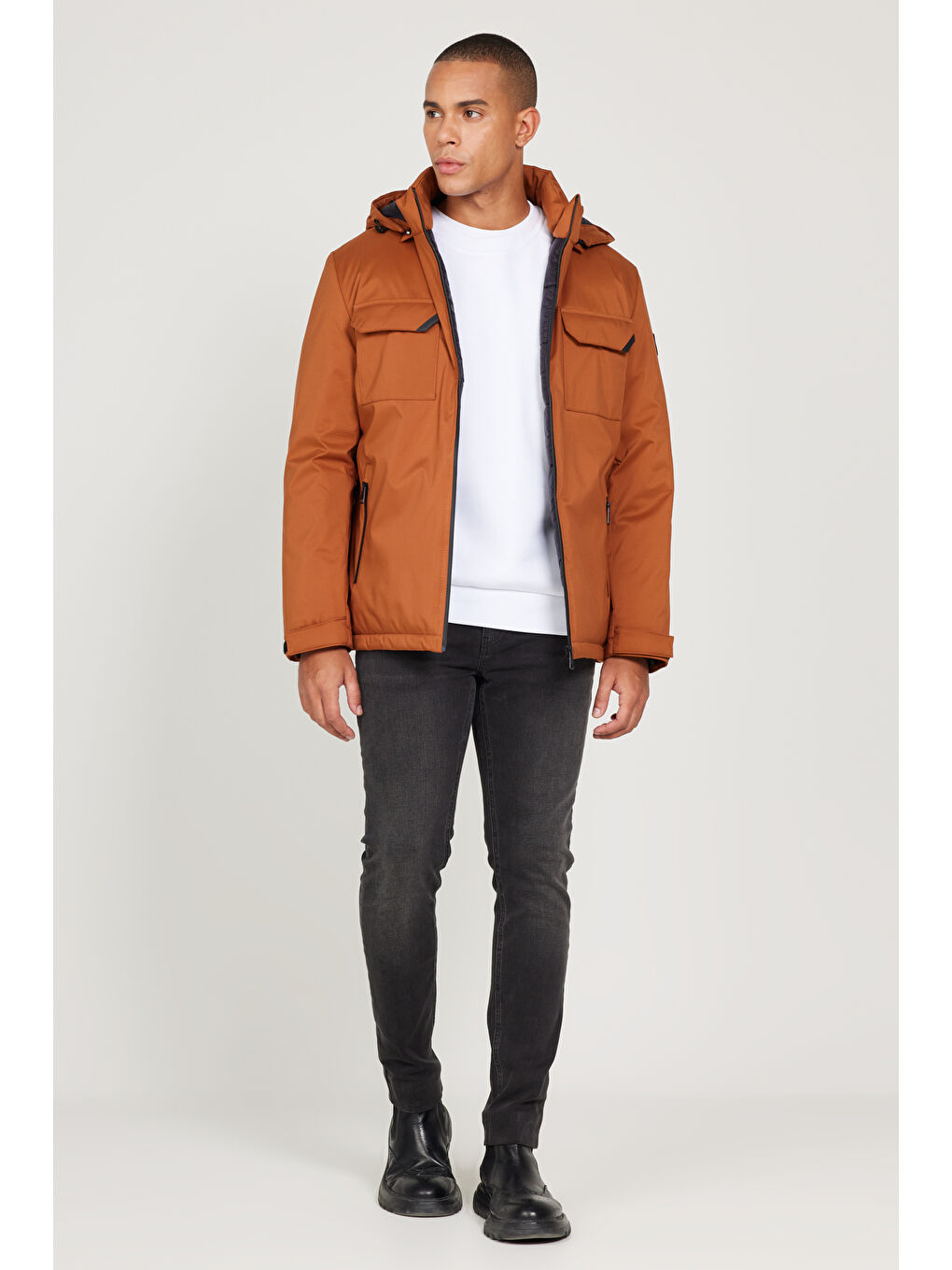 Kahverengi Erkek Kiremit Standart Fit Normal Kesim Çıkma Kapüşonlu Kaban-6