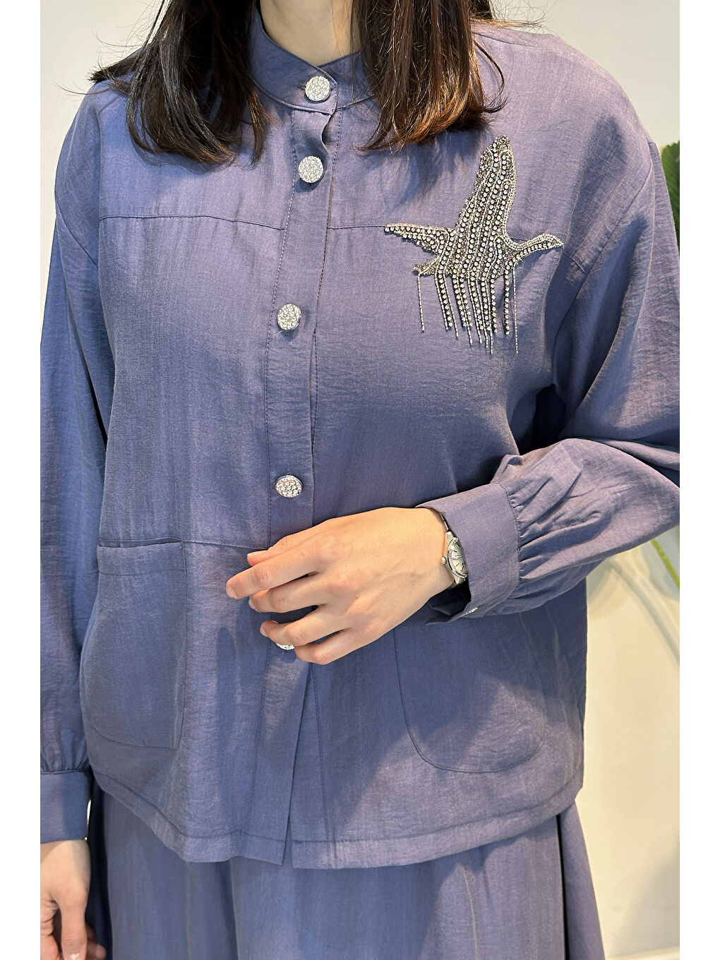 Taş İşlemeli Gömlek Çan Etek Takım 4443 İndigo-1