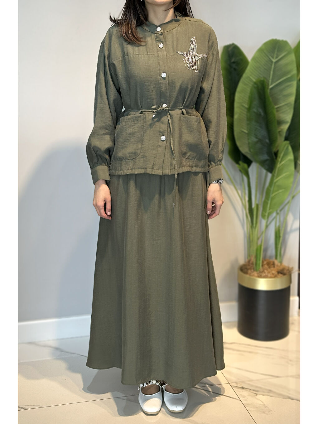 Taş İşlemeli Gömlek Çan Etek Takım 4443 Haki