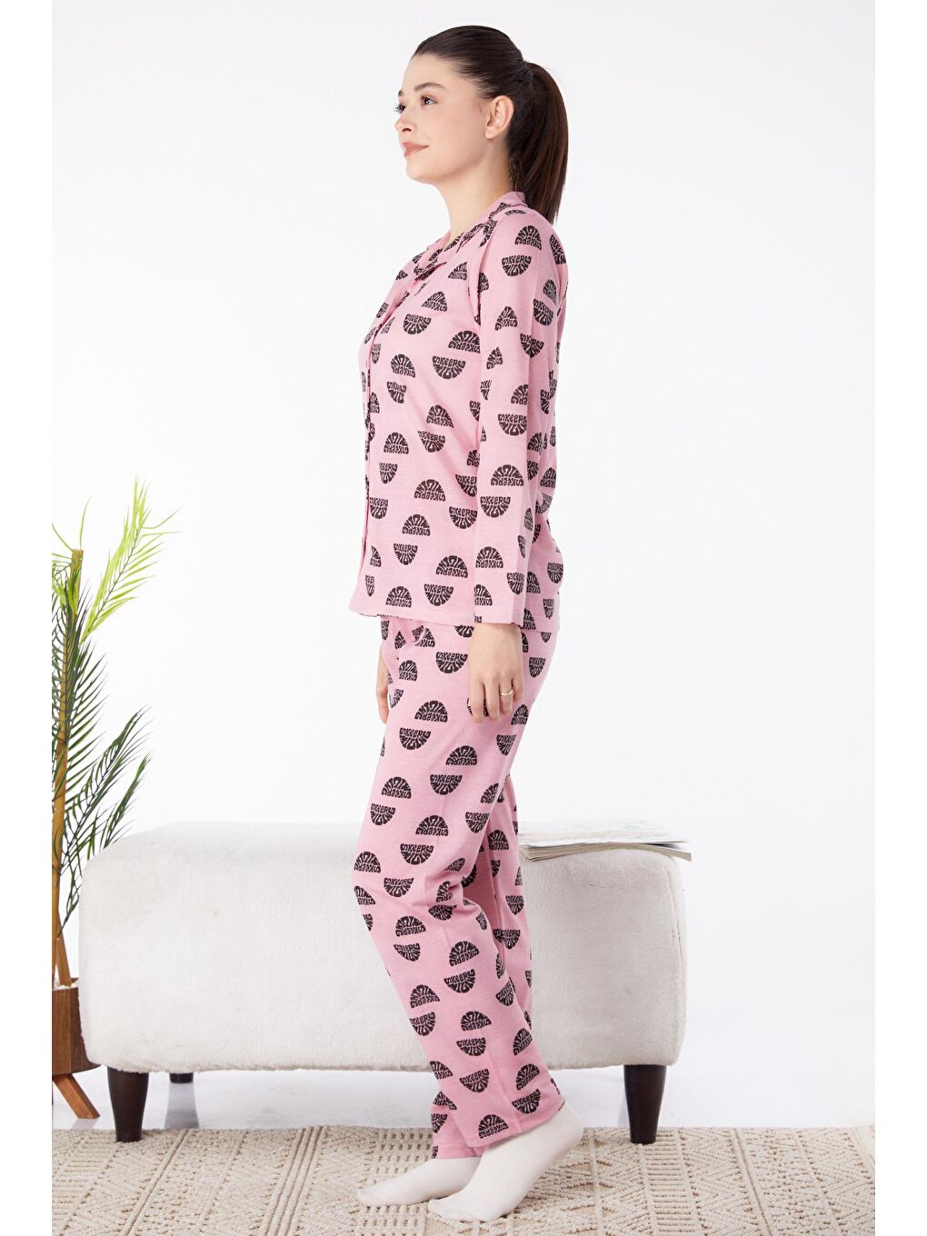 Gömlek Yaka Kadın Pembe Uzun Kollu Pijama Takımı - 25371-2