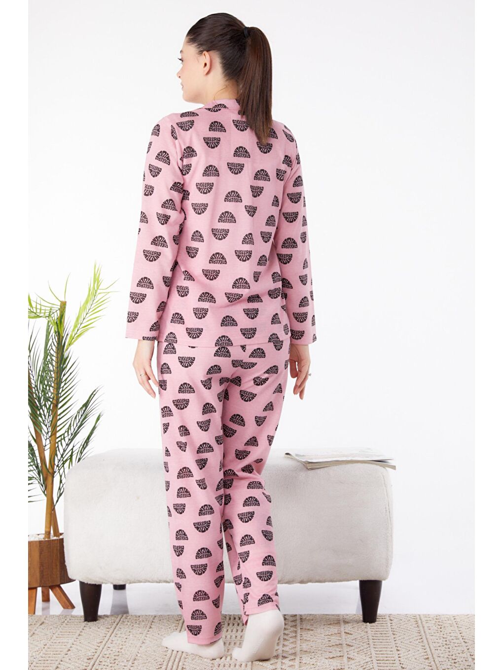 Gömlek Yaka Kadın Pembe Uzun Kollu Pijama Takımı - 25371-3