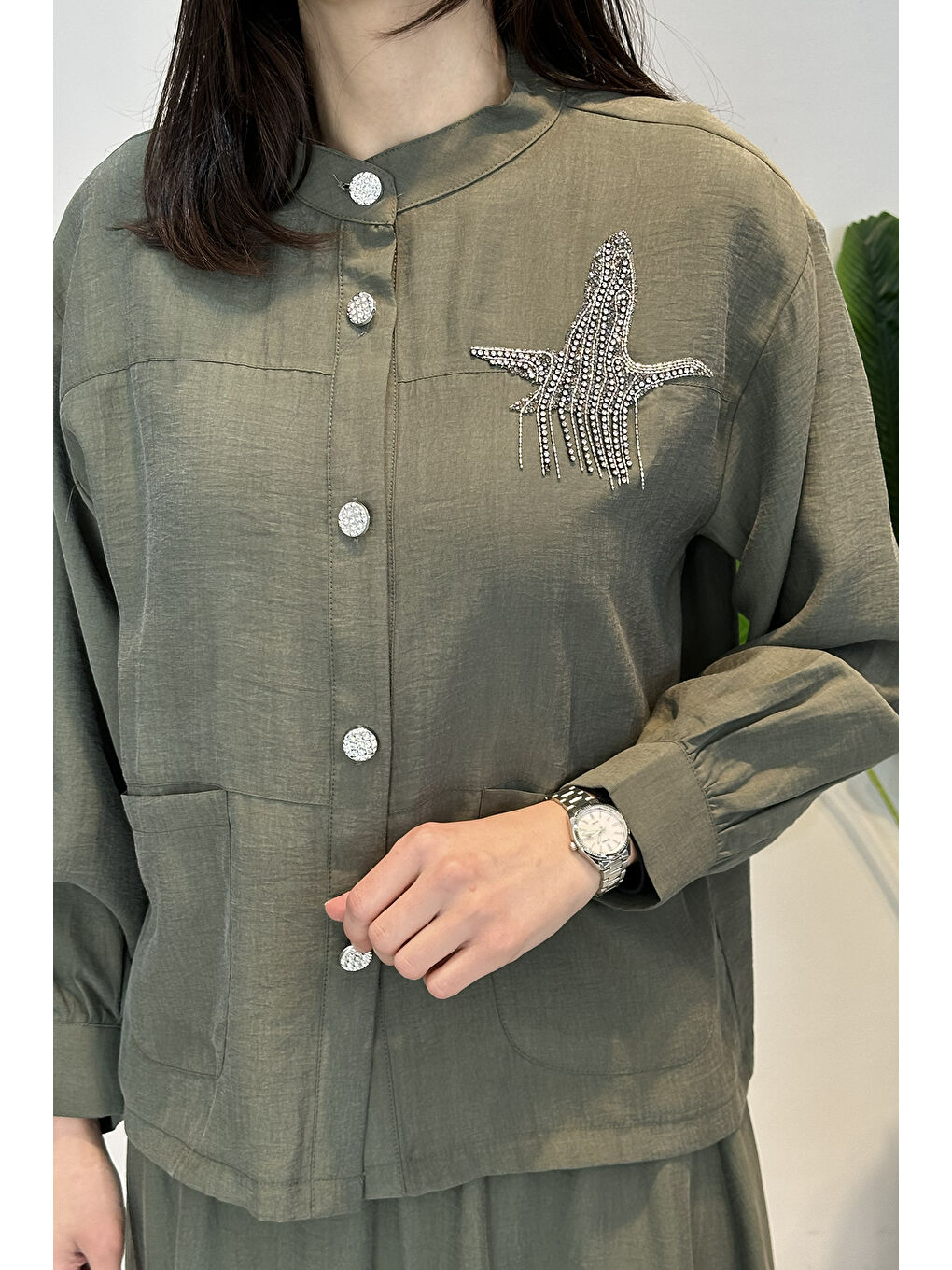 Taş İşlemeli Gömlek Çan Etek Takım 4443 Haki-1