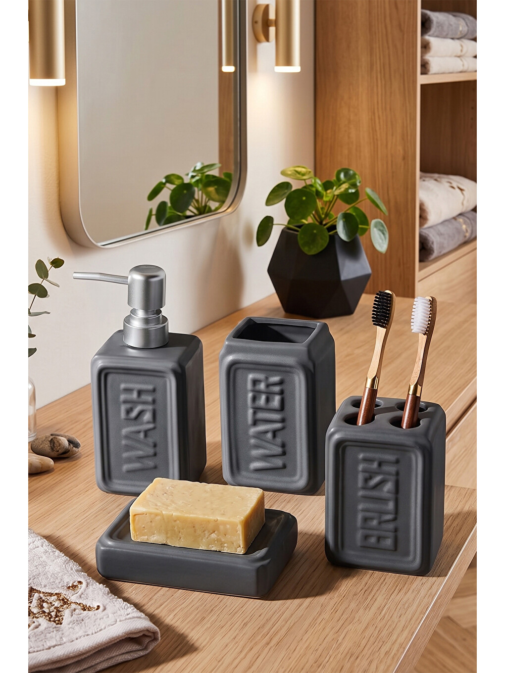 13891-3 Well Stoneware 4 Parça Banyo Seti Antrasit