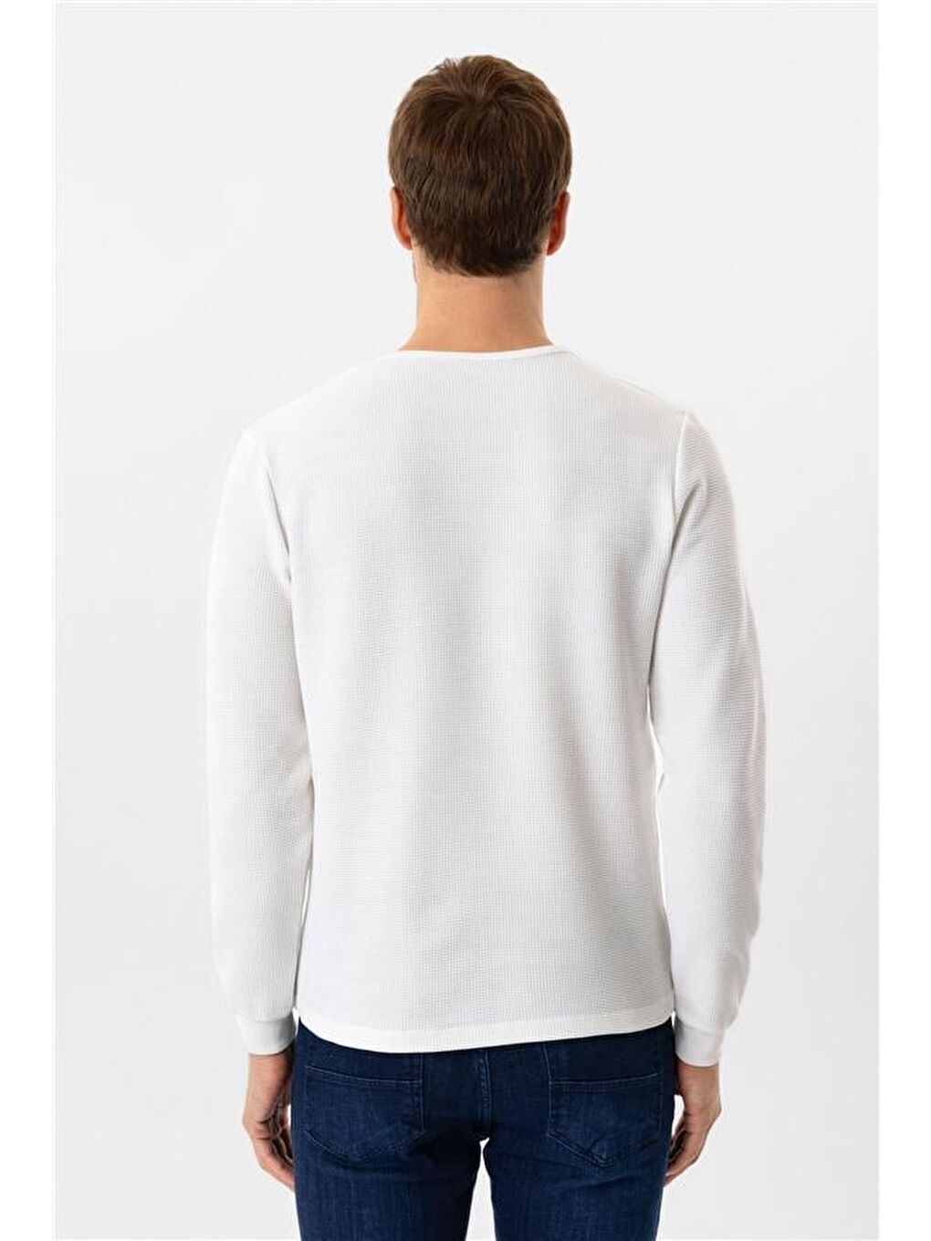 Beyaz Slim Armürlü Bisiklet Yaka Sweatshirt-5