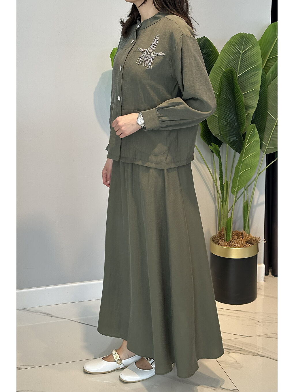 Taş İşlemeli Gömlek Çan Etek Takım 4443 Haki-2